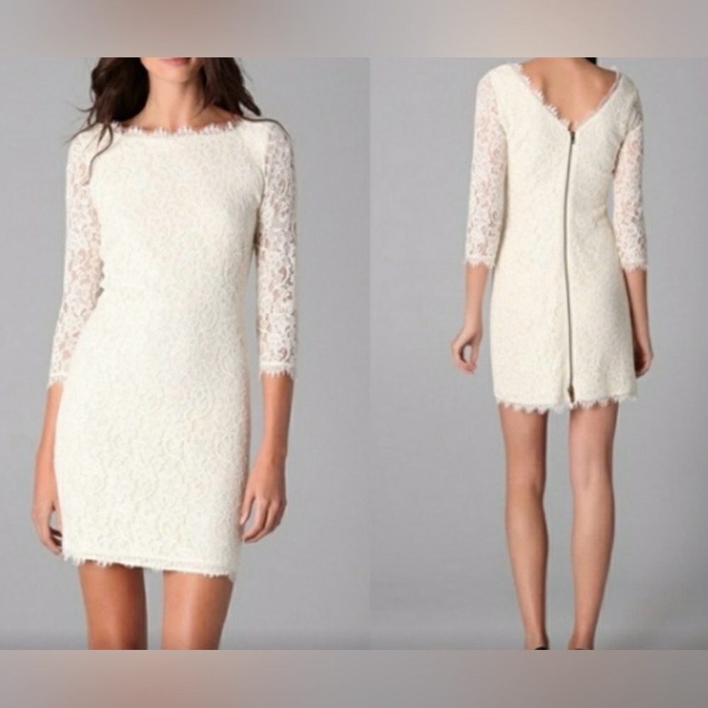 Diane Von Furstenberg Ivory Lace Long Sleeve Dress